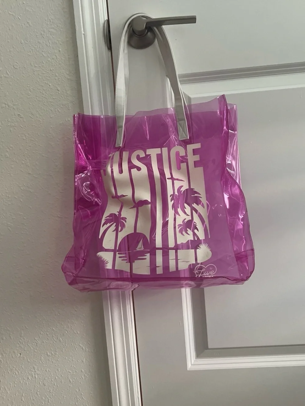 Justice Pink Transparent Tote with White Palm Graphic